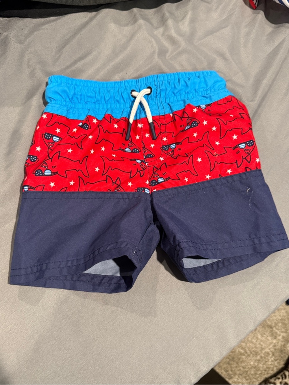 Cat & Jack Red, Navy & Blue Shark Panel Swim Trunks